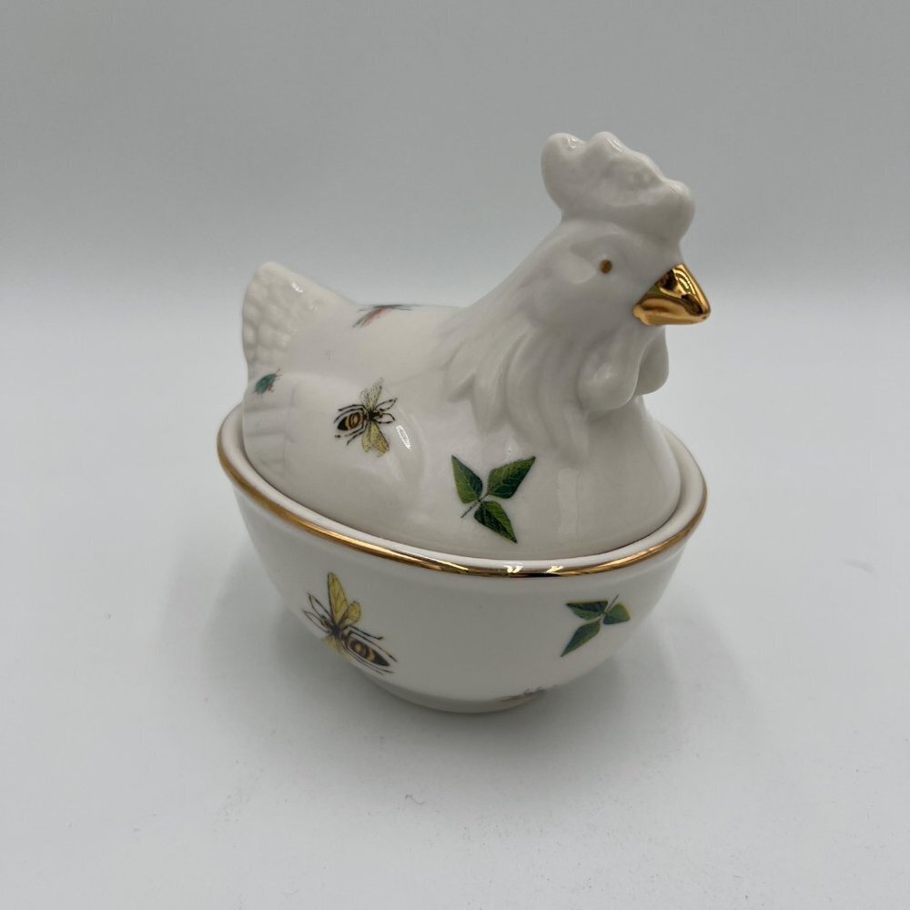 Grace's Teaware Fine Porcelain Chicken Sugar Bowl Trinket dish bees Leaves Insec